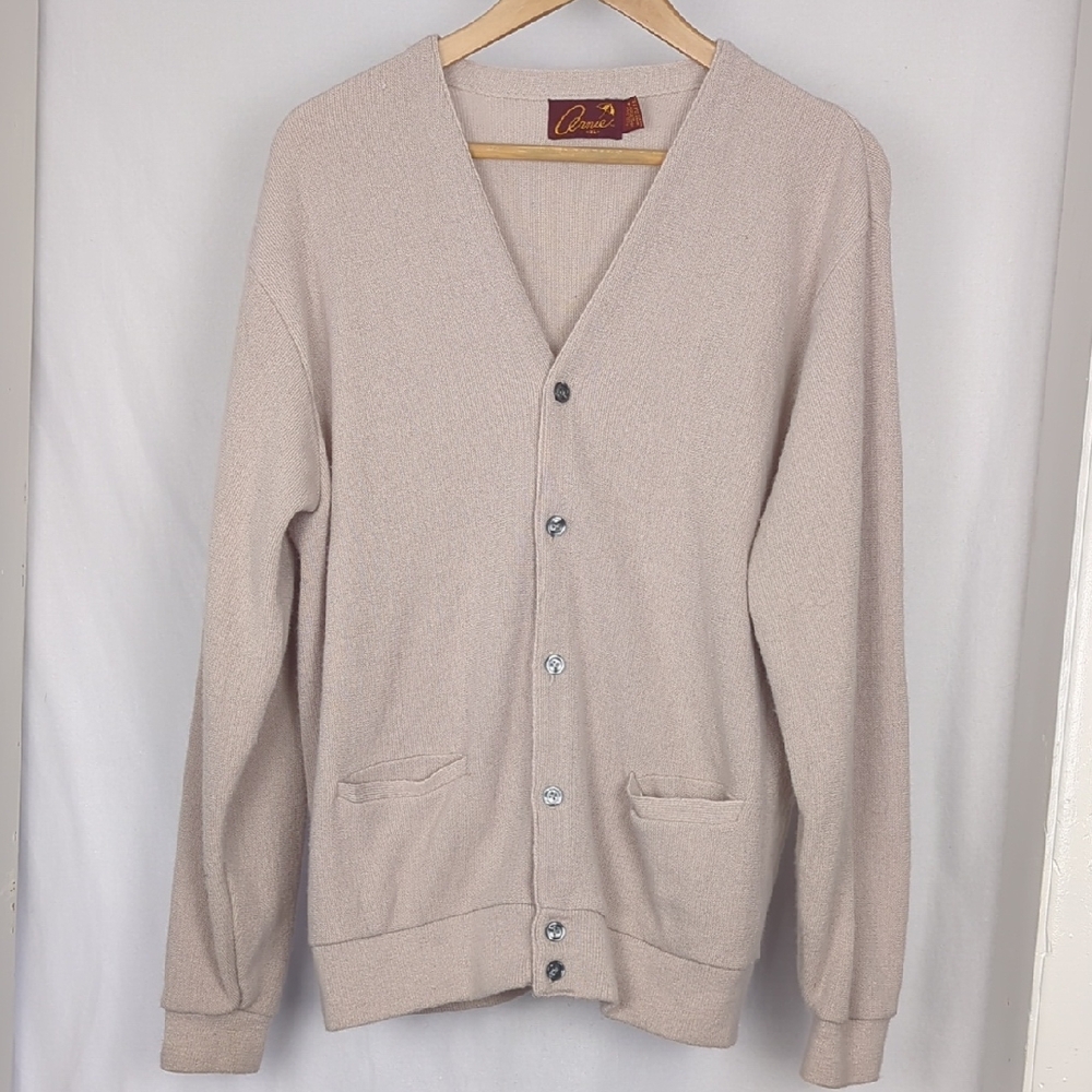 VINTAGE Arnold Palmer Beige Tan Knit Acrylic Cardigan Sweater